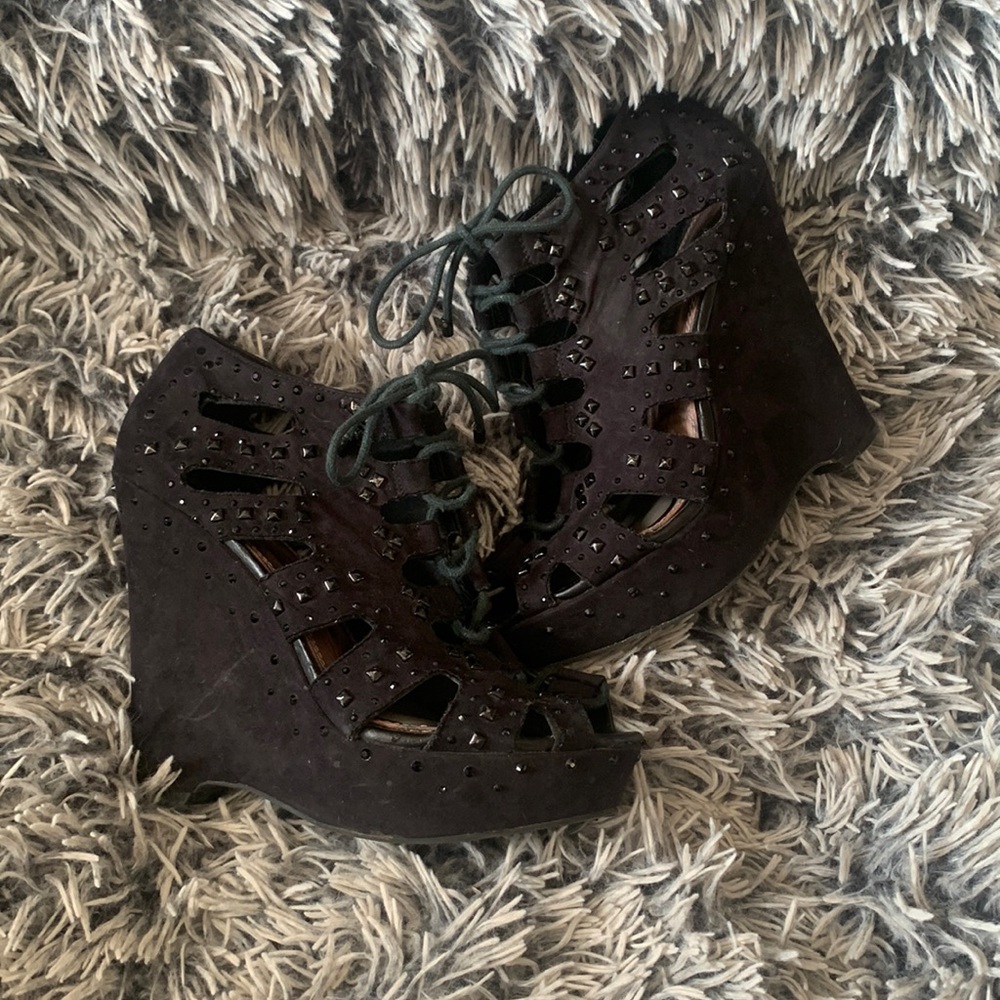 Black lace up Gianni Bini wedges, size 8.5